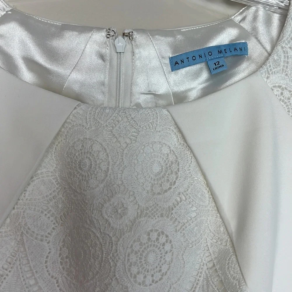 ANTONIO MELANI White Lace Cap-Sleeve Round Neck Sheath Dress Size 12 - Picture 3 of 10
